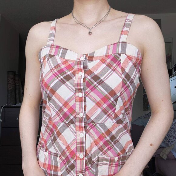 Vintage cute Y2K pink and brown plaid sweetheart midi dress with ruffles - Picture 2 of 14